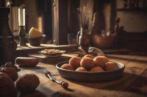 Delicious homemade croquettes on wooden table in rustic kitchen background. photo