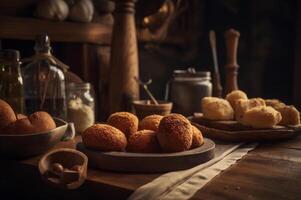 delicioso hecho en casa croquetas en de madera mesa en rústico cocina antecedentes. ai generado foto