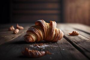 Delicious homemade croissants on rustic wooden kitchen table. photo
