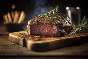 juicy grilled steak with herbs and spices on rustic cutting board. Barbecue. AI generated photo