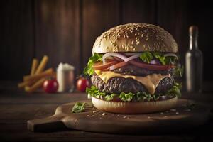 Tasty homemade hamburger on rustic wooden table. Copy space. Advertising. . Fast food snack photo