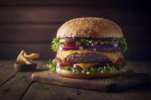 Tasty homemade hamburger on rustic wooden table. Copy space. Advertising. . Fast food snack photo