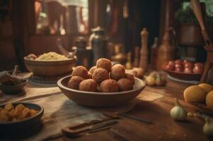 Delicious homemade croquettes on wooden table in rustic kitchen background. photo