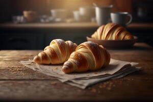 delicioso hecho en casa croissants en rústico de madera cocina mesa. ai generado foto