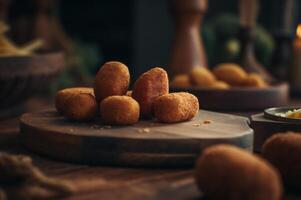 Delicious homemade croquettes on wooden table in rustic kitchen background. photo