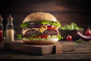 Tasty homemade hamburger on rustic wooden table. Copy space. Advertising. . Fast food snack photo