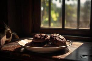 Delicious homemade chocolates cookies on rustic wooden table. photo