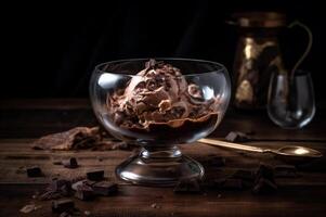 Gourmet chocolate ice cream in glass bowl on ice cream parlor table. Rustic wood. . frozen dessert photo