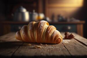 Delicious homemade croissants on rustic wooden kitchen table. photo