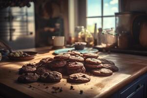 Delicious homemade chocolates cookies on rustic wooden table. photo