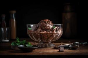 Gourmet chocolate ice cream in glass bowl on ice cream parlor table. Rustic wood. . frozen dessert photo