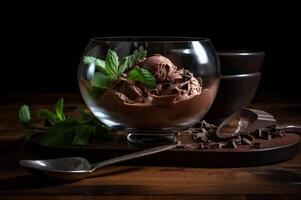 Gourmet chocolate ice cream in glass bowl on ice cream parlor table. Rustic wood. . frozen dessert photo