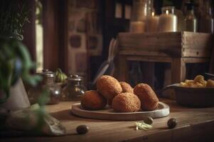 Delicious homemade croquettes on wooden table in rustic kitchen background. photo