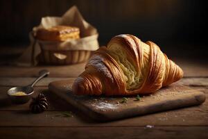 Delicious homemade croissants on rustic wooden kitchen table. photo