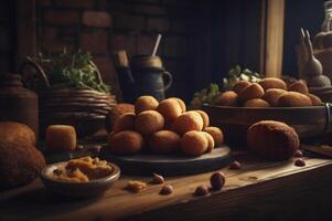 Delicious homemade croquettes on wooden table in rustic kitchen background. photo