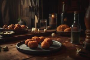 Delicious homemade croquettes on wooden table in rustic kitchen background. photo