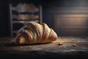 Delicious homemade croissants on rustic wooden kitchen table. photo