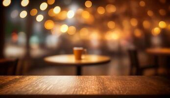 Empty wood table top on blur light soft bokeh background, photo