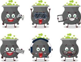 Cauldron cartoon character are playing games with various cute emoticons vector