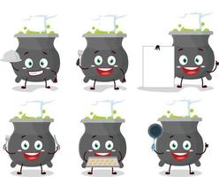 Cartoon character of cauldron with various chef emoticons vector