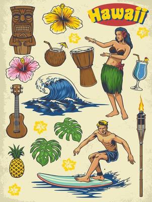 hand drawing Hawaii concept  retro set