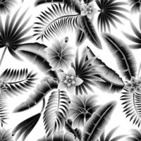 Summer seamless tropical pattern with nature leaves and flowers plants foliage on a white background. Modern abstract design for fabric, paper, interior decor. Summer hawaiian. monochromatic design vector