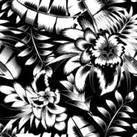 botánico de moda diseño en gris monocromo colores en oscuro antecedentes. diseño para tela, fondo de pantalla o envolver documentos. sin costura tropical modelo. Clásico naturaleza diseño. selva ilustración. otoño vector