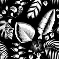 tropical modelo con resumen plantas y hojas en oscuro antecedentes. hawaiano estilo. sin costura modelo con Clásico naturaleza adornos monocromo elegante color. floral antecedentes. exótico zona tropical. vector