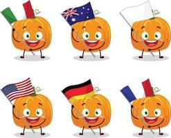 calabaza dibujos animados personaje traer el banderas de varios países vector