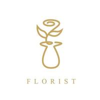 Outline florist logo. One continuous line art decorative rose draw. Editable stroke flower floral element. Isolated vector illustration