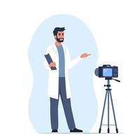 Doctor records video with training medical lecture, standing in front of the camera. Online medical seminar, lecture, healthcare meeting concept. Vector illustration.