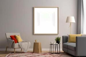 Blank wall mockup frame inside cozy modern living room with a wooden floor. . photo