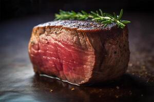 Raw Organic Beef Filet Mignon over a wooden counter on dark background. photo