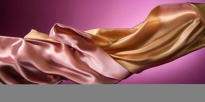 Abstract luxury rose gold silk satin fabric flying on purple background. . photo
