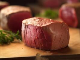 Raw Organic Beef Filet Mignon over a wooden counter on dark background. photo