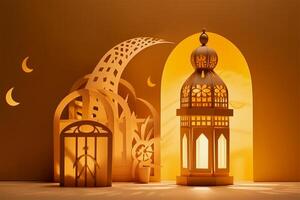 Islamic ramadan background in papercut style. Eid al fir paper craft background. . photo