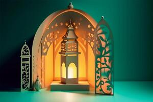 Islamic ramadan background in papercut style. Eid al fir paper craft background. . photo