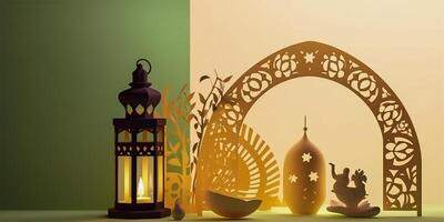 Islamic ramadan background in papercut style. Eid al fir paper craft background. . photo