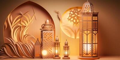 Islamic ramadan background in papercut style. Eid al fir paper craft background. . photo