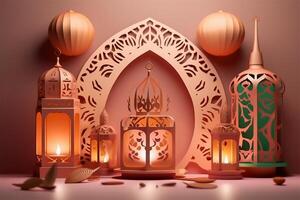 Islamic ramadan background in papercut style. Eid al fir paper craft background. . photo