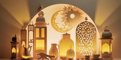 Islamic ramadan background in papercut style. Eid al fir paper craft background. . photo