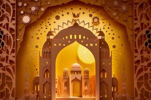 Islamic ramadan background in papercut style. Eid al fir paper craft background. . photo