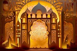 Islamic ramadan background in papercut style. Eid al fir paper craft background. . photo