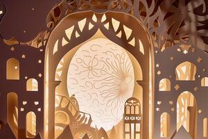 Islamic ramadan background in papercut style. Eid al fir paper craft background. . photo