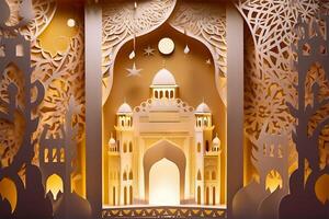 Islamic ramadan background in papercut style. Eid al fir paper craft background. . photo