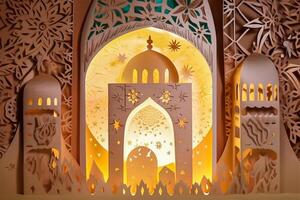 Islamic ramadan background in papercut style. Eid al fir paper craft background. . photo