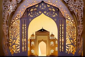 Islamic ramadan background in papercut style. Eid al fir paper craft background. . photo