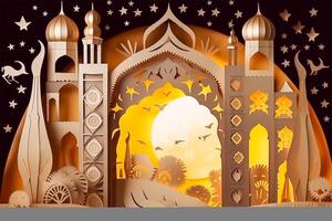 Islamic ramadan background in papercut style. Eid al fir paper craft background. . photo