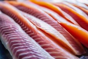 Japanese sashimi, raw fish meat sliced into pieces. . photo