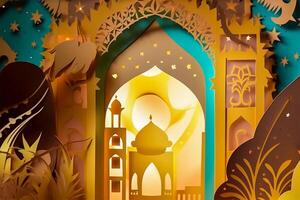 Islamic ramadan background in papercut style. Eid al fir paper craft background. . photo